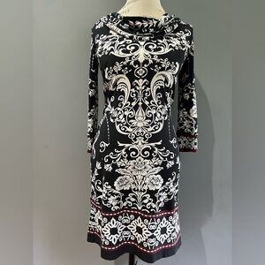 White House Black Market Black and White Sheath Dress Cowl Neck 3/4 Sleeve XXS